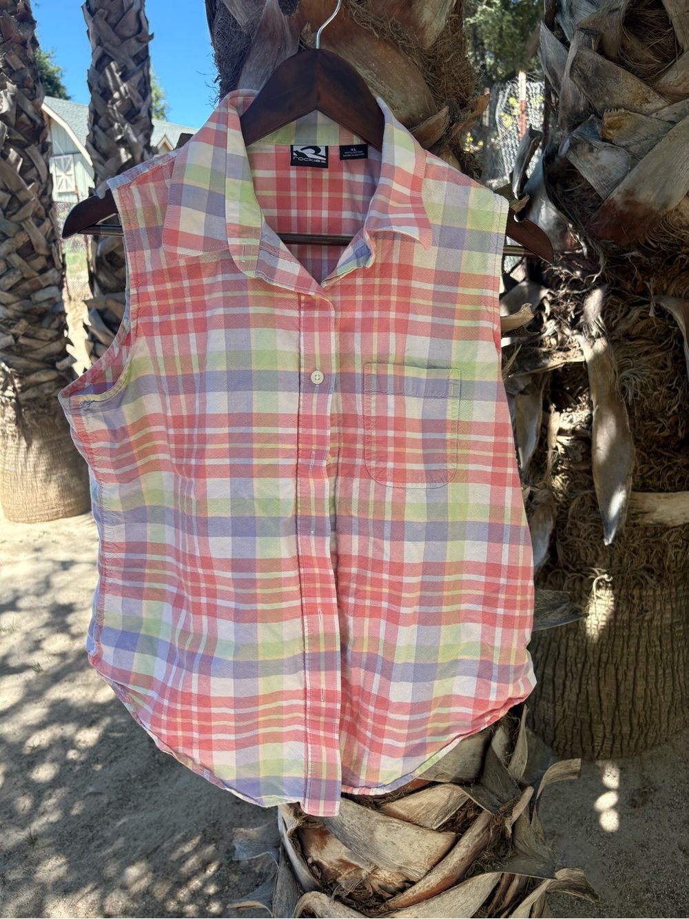 Rockies Coral, Lavender & Lime Plaid Sleeveless Button Front Top